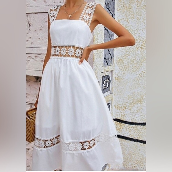 Crochet Daisy Insert Cottagecore Midi Dress - Picture 1 of 9